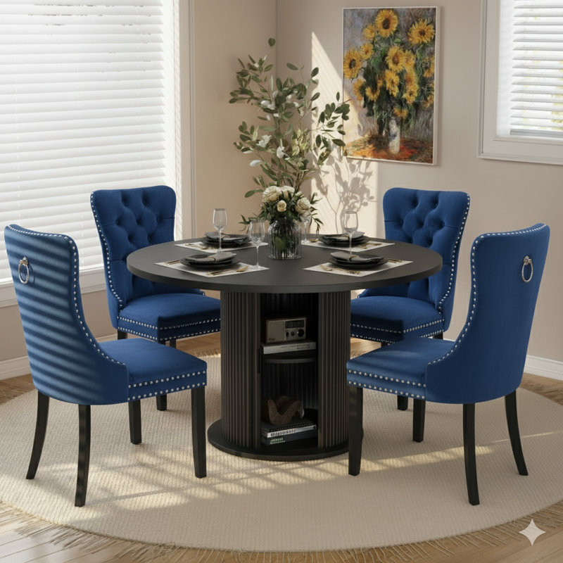 48 Inch Round Dining Table Sets For 4-6 People, Navy