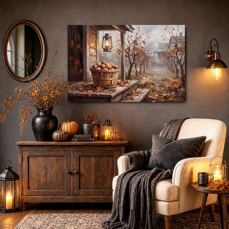 Panier d'Halloween panier de pommes et lanterne sur porche, 12"H x 18"W