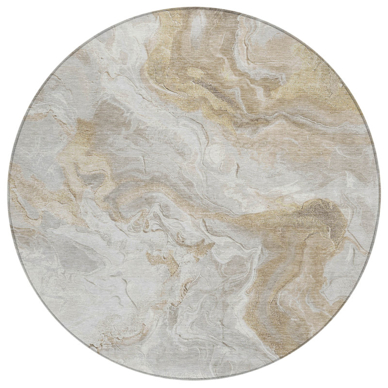 Tapis extérieur rond lavable abstrait ivoire et beige 8 pi