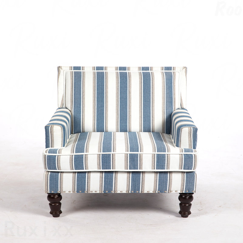 Blue Striped Upholstered Accent Chair with Turned Legs