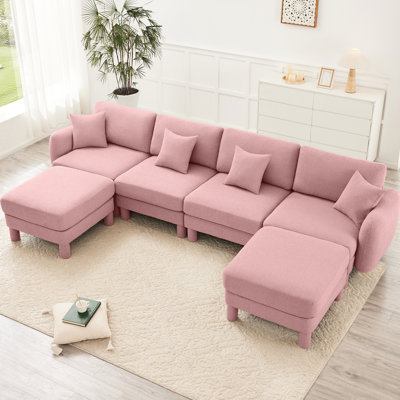 4 places rose en tissu bouclé, en forme de U avec une mousse élégante et dense pour un canapé modulaire en tissu confortable, 2 repose-pieds amovibles, sièges respirants