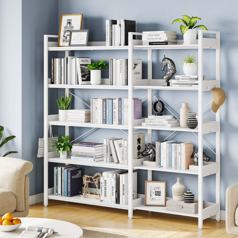 Grijalva Corner Bookcase And Bookshelves Double Wide Bookshelf, Large Etagere Bookshelf Open Display Shelves With Metal Frame For Living Room Bedroom Home Office