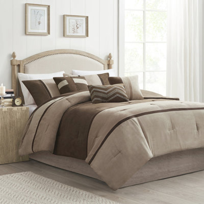 Couette 7 pièces marron - Simili daim taille King, style moderne et tendance, revers uni