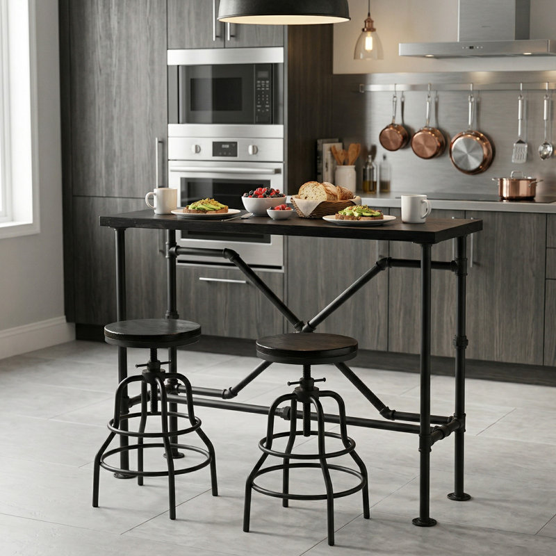 Ensemble de table de bar industriel et 2 tabourets, bois de pin massif avec finition noyer noir, table de bar à hauteur fixe avec tabourets réglables pour la cuisine, la salle à manger, le bar et le café