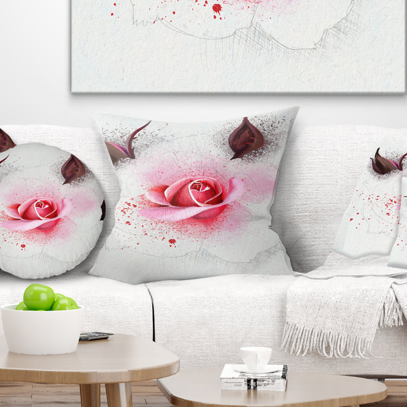 Rose aquarelle avec bourgeons bruns - coussin à imprimé floral, 16 po x 1 po, Coussin décoratif