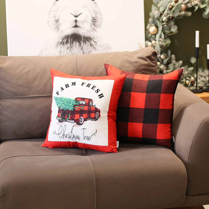 Red and Black Plaid Christmas Truck Polyester Euro Pillow Covers, 18" x 18", Set of 2
