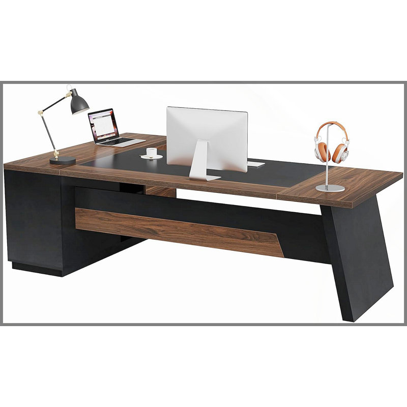 Bureau de direction en L 78,7 pouces avec rangement, poste de travail de bureau à domicile moderne, noyer foncé et finition noire
