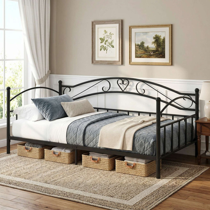 Heavy-Duty Rust-Resistant Twin Size Metal Daybed Frame With Elegant Curved Slatted Headboard & Reinforced Slat Support, No Box Spring Needed