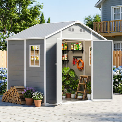 Outdoor Storage Shed 8X6ft, With 2 Vision Windows, Resin Shed With Floor, Outdoors Garden Tool Storage Shed For Bikes, Tools And Lawnmower