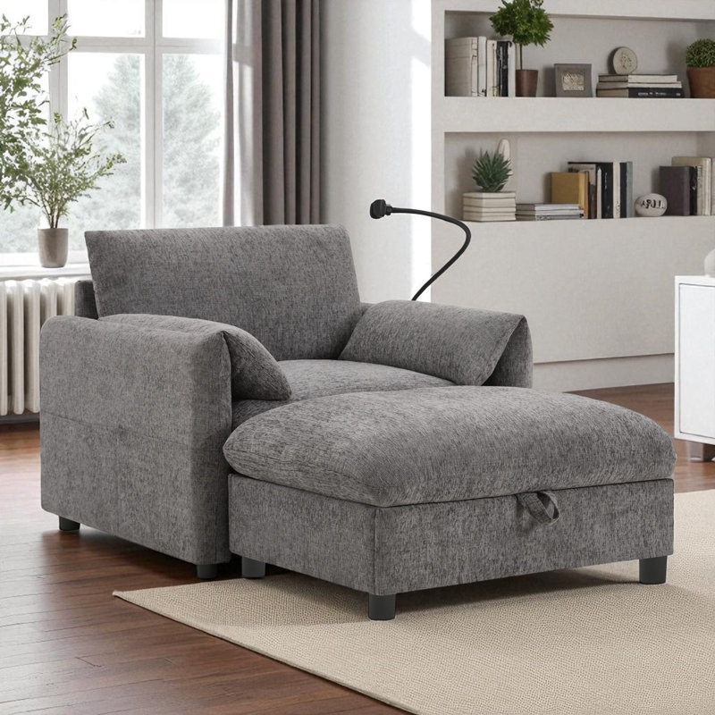 Fauteuil d'appoint rembourré avec repose-pieds avec rangement, Gris