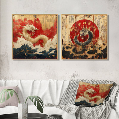 Dragon chinois, signe du zodiaque chinois dans les tons rouges et dorés I - Astronomie, signe du zodiaque chinois - ensemble de 2 décorations murales modernes