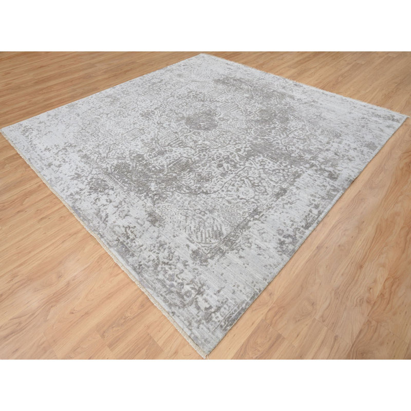 Tapis carré gris en laine noué à la main de conception unique nouvel âge 10 pi x 10 pi Trigg