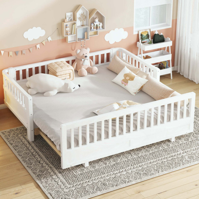 Lit plateforme avec garde-corps, structure de lit simple en bois massif, peut être converti en lit plateforme simple, Blanc