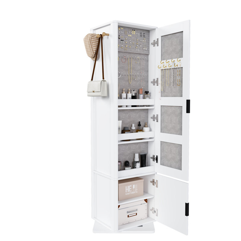 Armoire de maquillage rotative à 360 °, armoire à bijoux avec miroir pleine grandeur, armoire de rangement sur pied avec portemanteau
