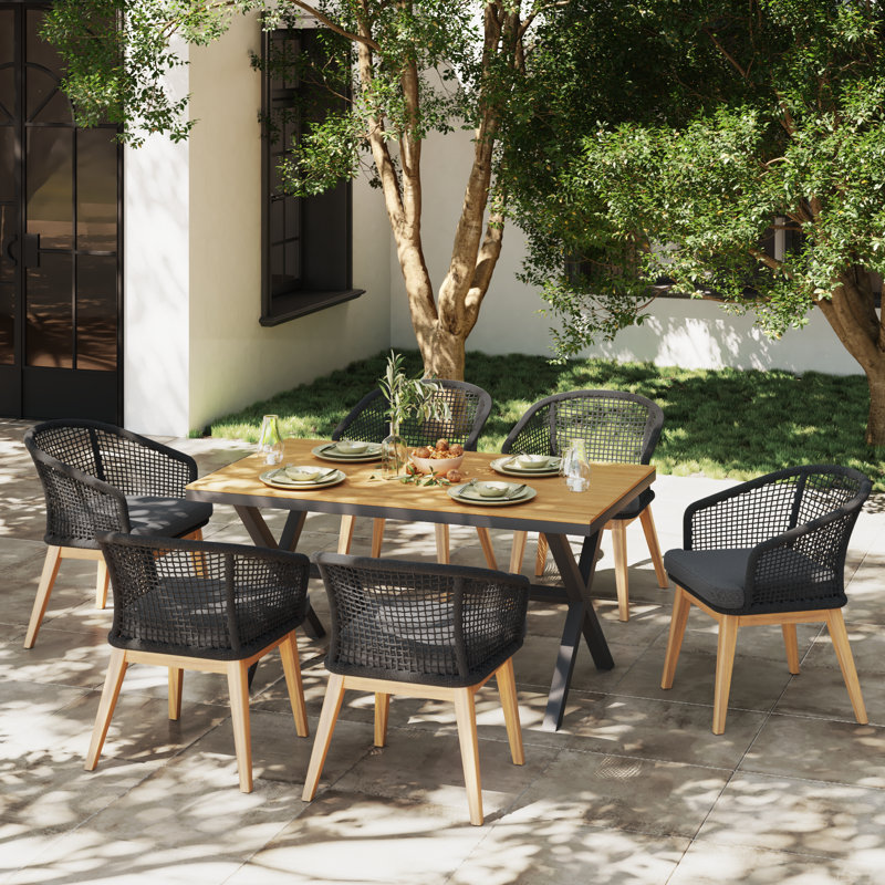 Outdoor 6-person Rope-woven Dining Set, 31.3" H x 24.4" W x 25.6" D, Gray Cushion/Black Frame