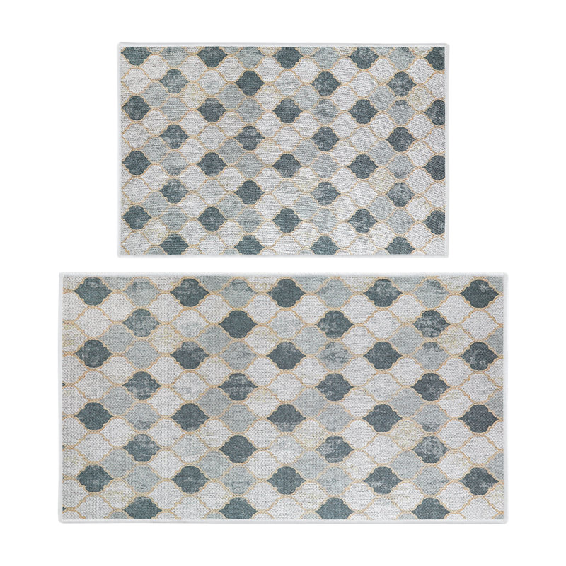 Devki Geometric Non-Skid Kitchen Mat, Beige/Gray