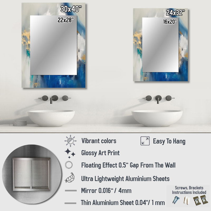«Ethereal Knowing Royal Blue and Gold», peinture abstraite, décor de miroir mural unique, grand miroir moderne, art imprimé en métal