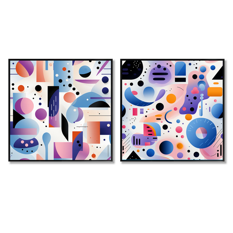 Dailah - Ensemble de 2 collages de formes carrées abstraites, Cadre flottant noir, H 16 po x l 33 po