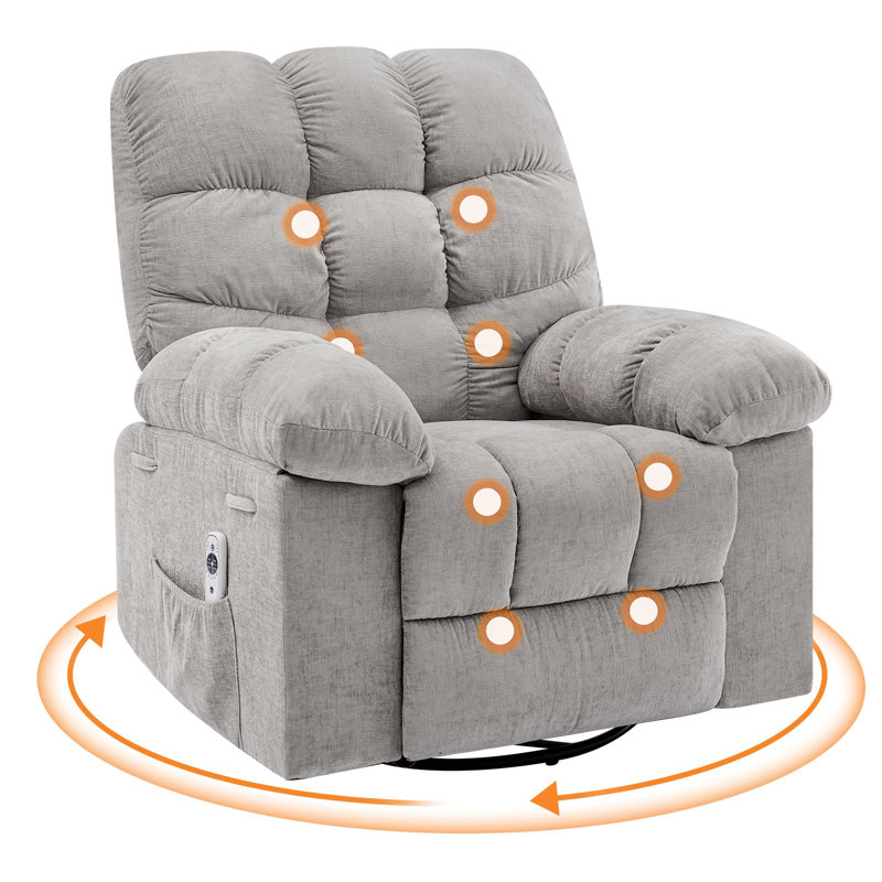 35.4" Wide Oversized Manual Recliner with Massage and Heat, Swivel Rocking Chairs with Side Pocket, Gray