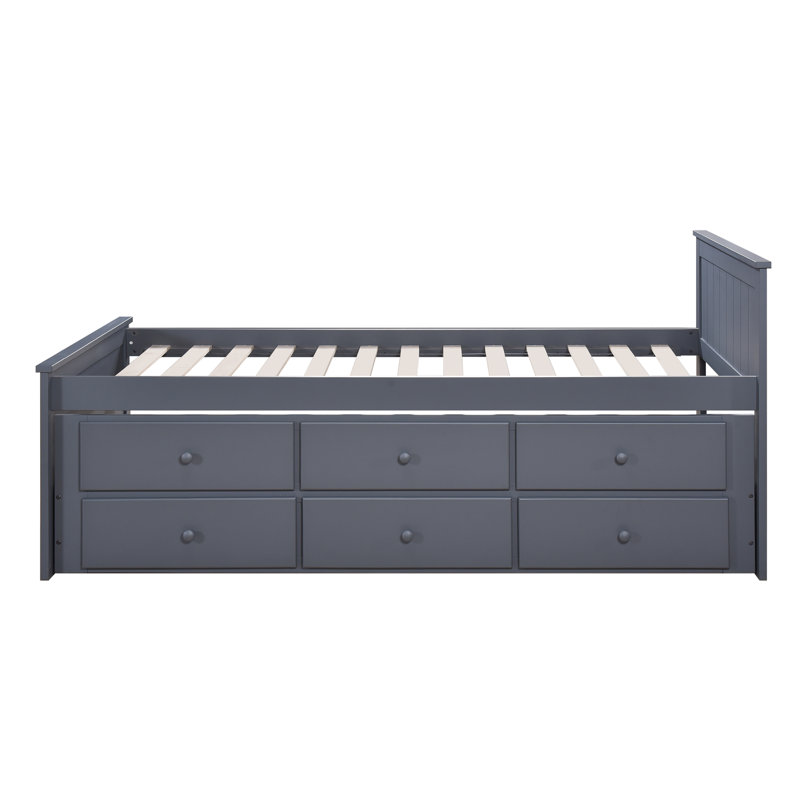 Lit plateforme simple avec lit gigogne et tiroirs (entièrement en ardoise), Gris foncé