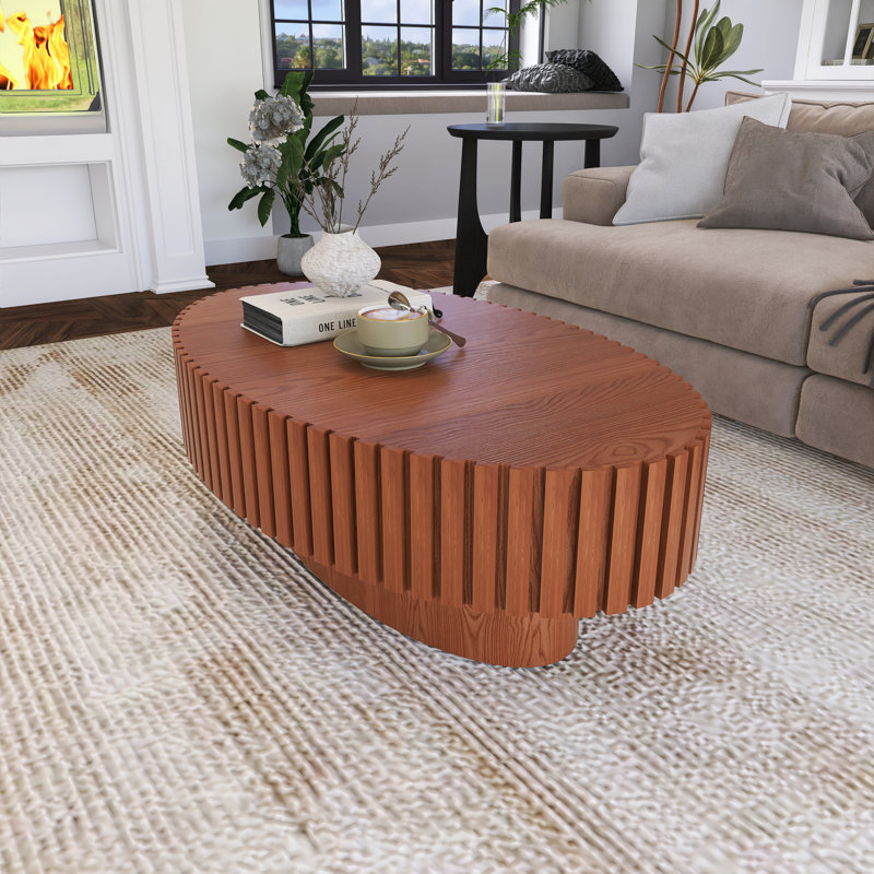 Handcrafted Relief Oval Coffee Table, Natural Wood