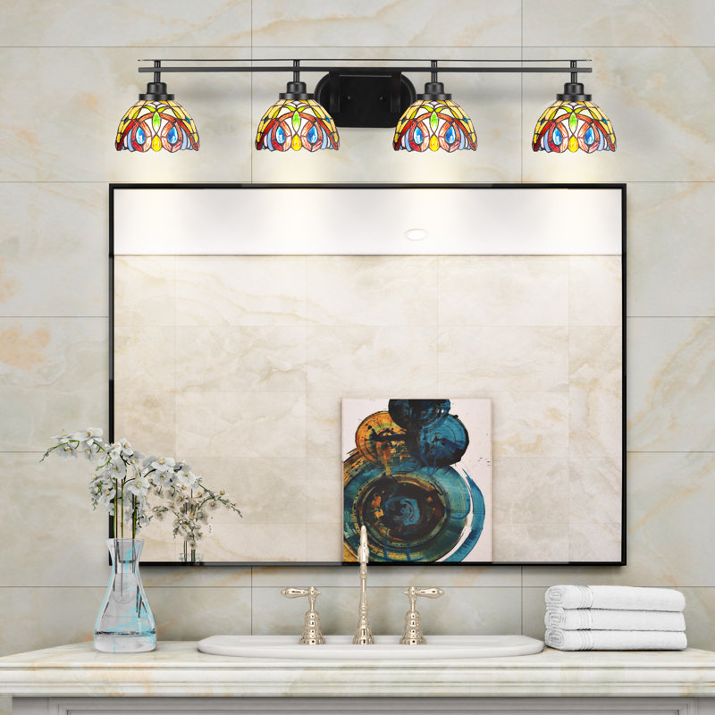 Loren 4 Light Bath Bar Shown With 7" Cypress Art Glass, Matte Black, Orange