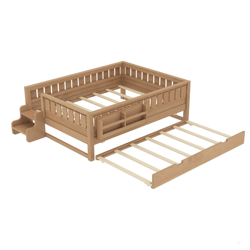 Wooden Bed With Built-In Bookshelves And Trundle, Natural, Full