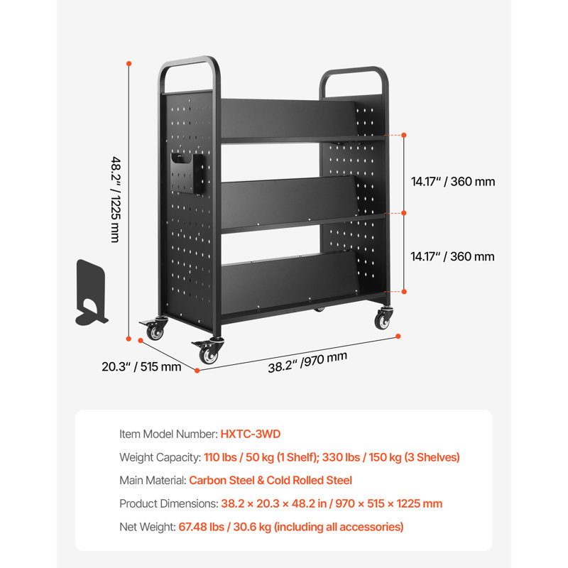 3-Tier Rolling Book Cart Double Sided W-Shaped Shelves Book Truck, Black