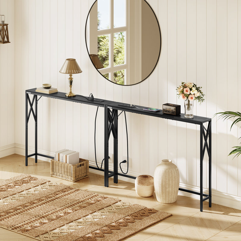 Naun 78.7" Console Table with Power Outlet Narrow Sofa Table, Black