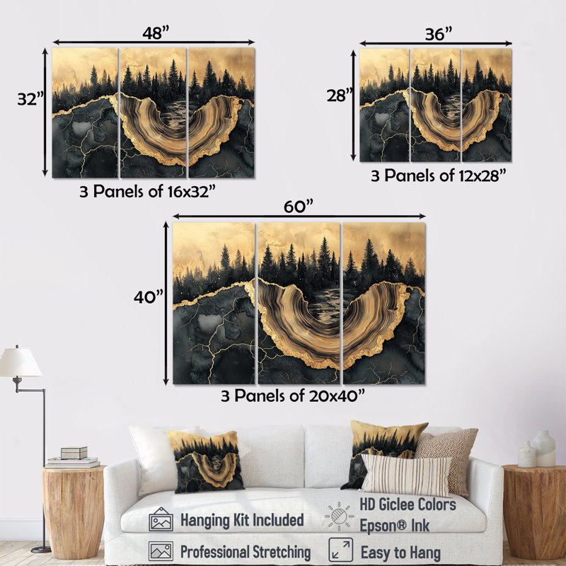 Forêt forêt de cristal onyx noir V - art mural forêt - ensemble de 3, H 28 po x l 36 po, Toile tendue, Ne s’applique pas