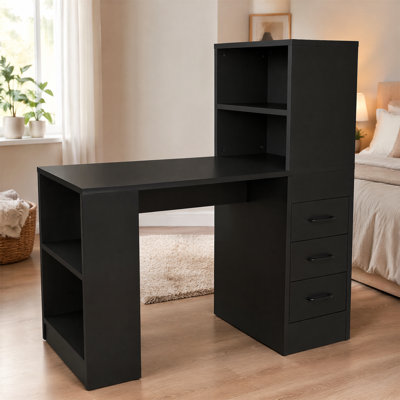 Black Wooden Computer Desk with 3 Storage Drawers & Multi-Tier Open Bookshelf, Built-in 4-in-1 Socket, Modern Writing Workstation for Home Office Bedr
