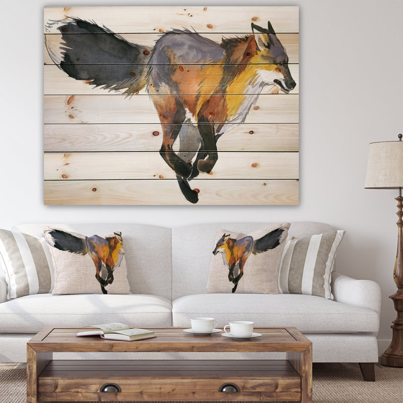 Courir, renard, aquarelle - peinture sur bois sans cadre, H 16 po x l 32 po x P 1 po