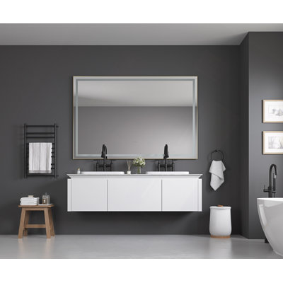 Miroir de salle de bain 60 po x 48 po à DEL avec façade et rétroéclairage, miroir de meuble-lavabo mural avec cadre en aluminium, antibuée, mémoire, 3 couleurs, gradation continue