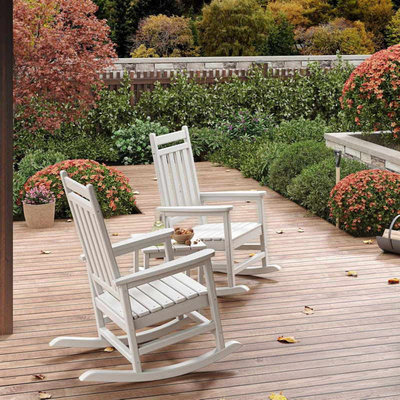 Poly Lumber Rocking Chair Outdoor Set of 2 with Side Table - Fauteuil Bercant HDPE High Back Porch Rocker Chairs for Adults - All Weather Resistant Furniture for Patio