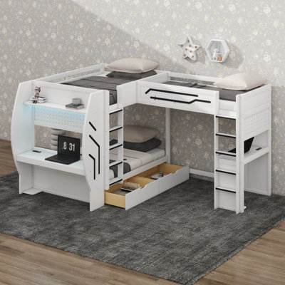 Lit superposé triple en forme de L avec bureau et tiroirs de rangement, lit superposé de jeu double avec lit simple superposé double, lumières DEL et station de recharge