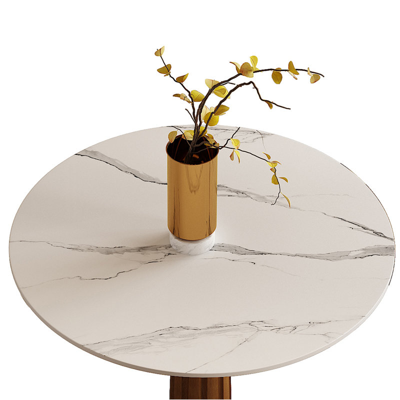 Ensemble de table de salle à manger 33 po de style contemporain de luxe avec piédestal en noyer rayé et base dorée - disponible en verre onyx minuit, texture arctique, brume du Sahara et finitions en marbre noir quadrillé