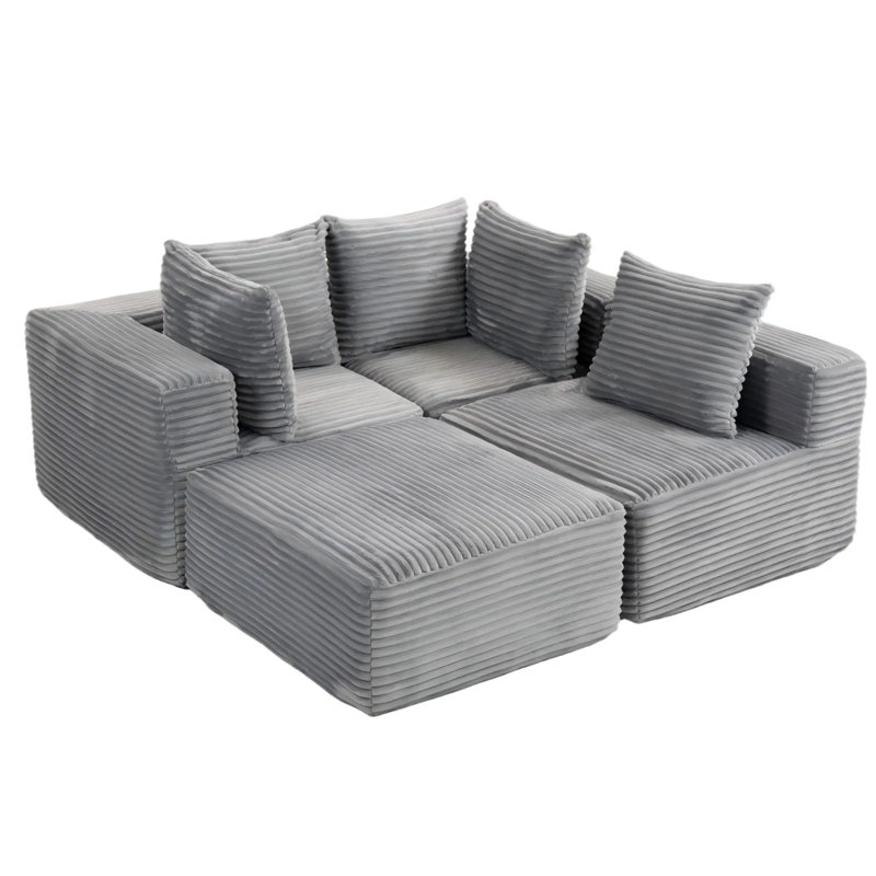 111" W Oversized Modular Cloud Sectional Sofa With Ottoman, Corduroy Upholstery & No Assembly Required, Gray Corduroy