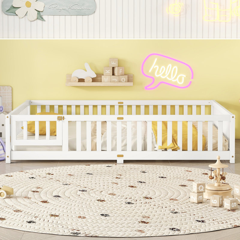 Lit grand pour enfants avec garde-corps et porte de sécurité grand lit blanc, lit bas pour tout-petits et enfants, Grand