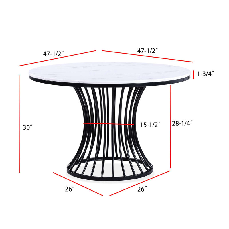 Table de salle à manger de style moderne en faux marbre, ronde avec base en forme de cage en noir et blanc, meuble magnifique base de table blanche, structure