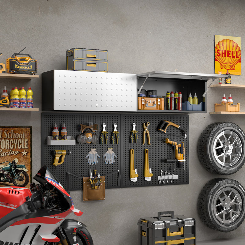 Metal Wall Cabinet, Black Garage Cabinet Wall Mounted with Gas Spring & Lock, Wall Mount Tool Cabinet for Workshop, Warehouse, Enclosed Trailers Cabinet, 13"D x 32"W x 14"H