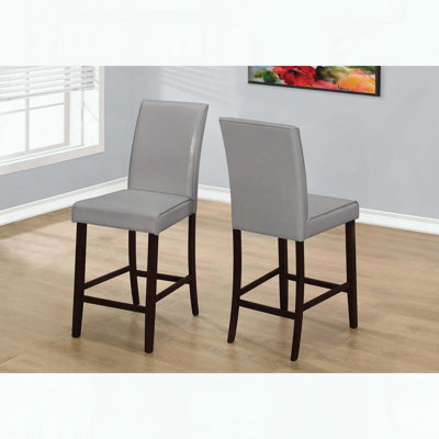 Set of 2 Counter Height Bar Stools – Grey Leather-Look – Brown Wood Legs