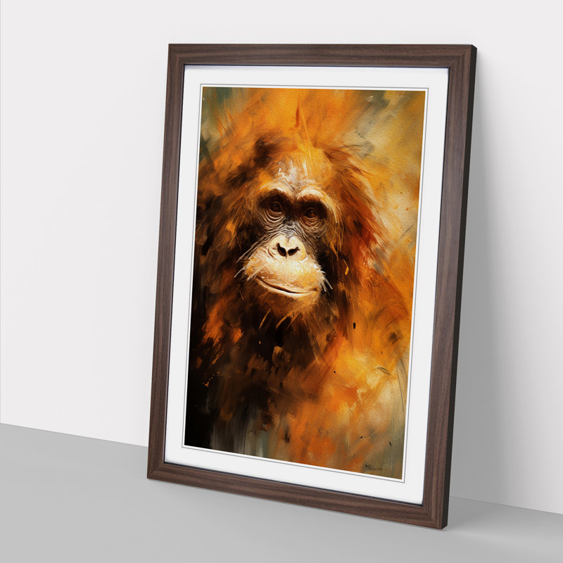 Orangutan Gestural - Single Picture Frame Print on Wood, 34cm H x 25cm W x 2cm D, Walnut Framed