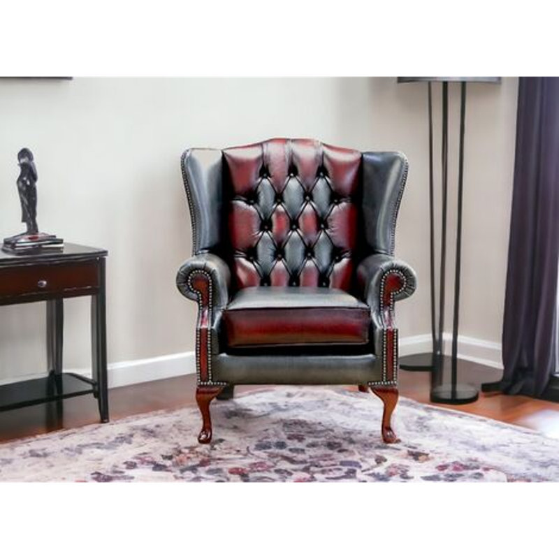 1 Seater Genuine Leather Loveseat, Red/Grey, Walnut