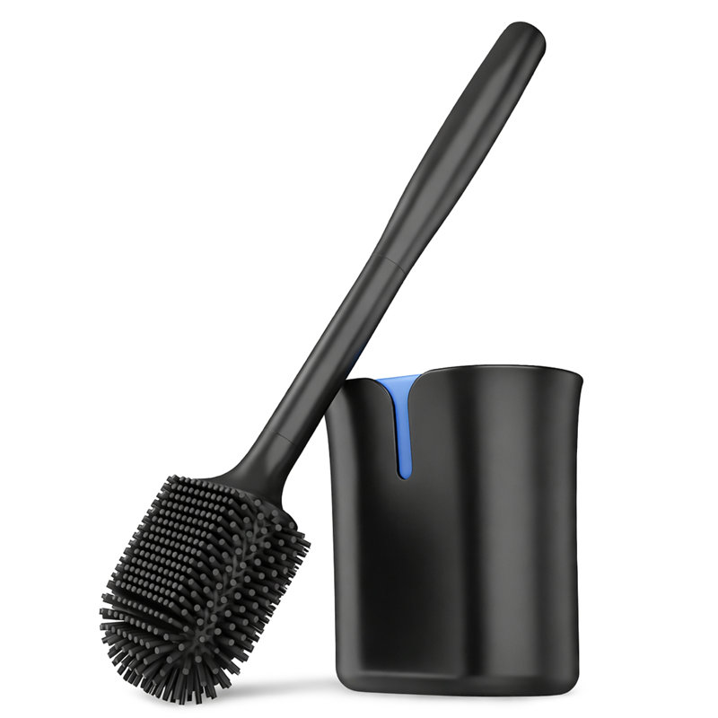 Silicone Toilet Brush with Ventilated Holder, Wall-Mounted or Freestanding, Black & Blue