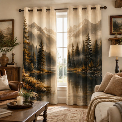 Lot de 2 rideaux imprimés Lac de montagne, paysage forestier rustique, scène naturelle sereine, œuvre d'art vintage sur le thème des bois, décoration pour chambre et salon.