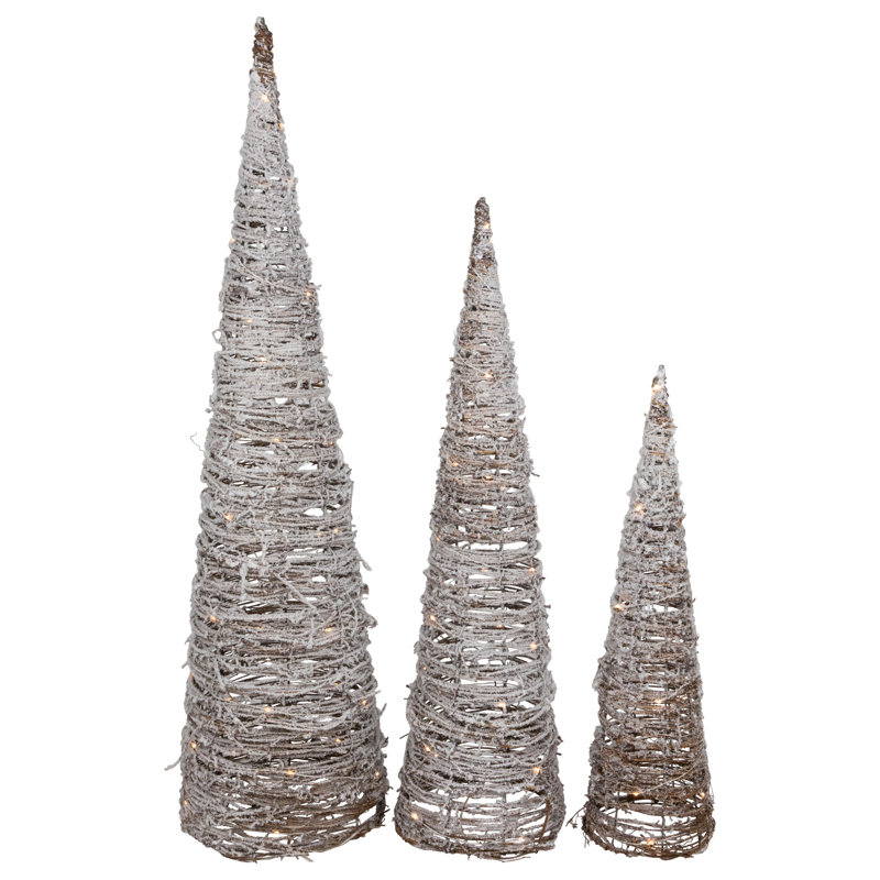 Set Of 3 LED Lighted Snowy Rattan Christmas Cone Tree Decorations 3.25'