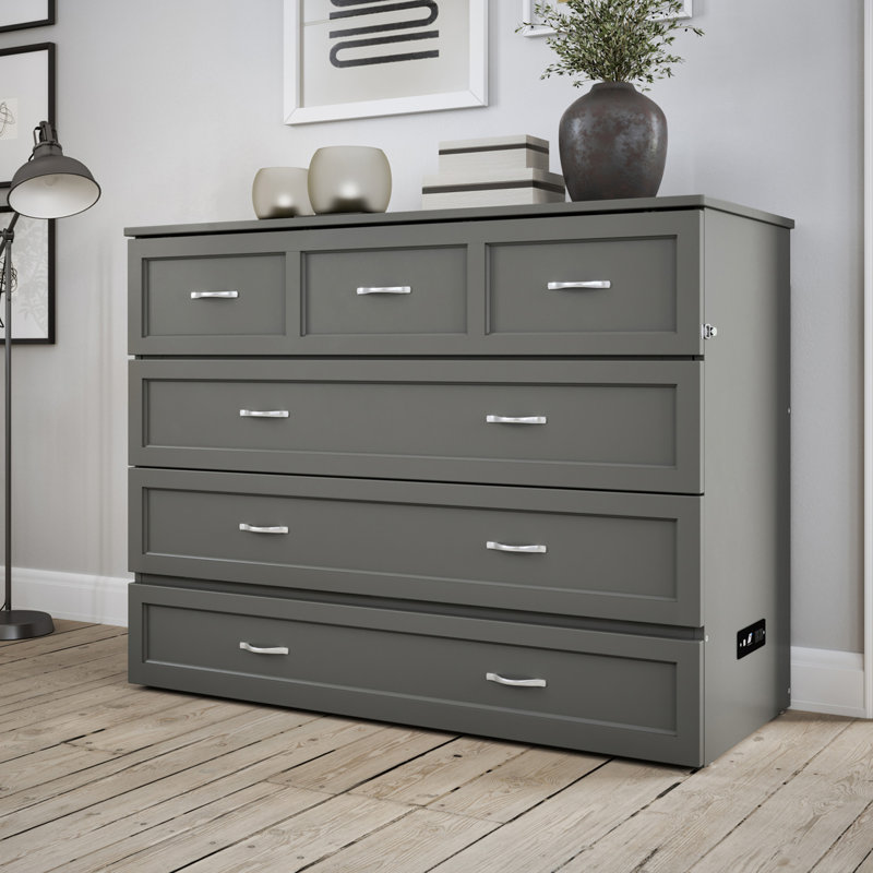 Andriena Murphy Bed Chest with 6" Mattress, Storage & Built-in Charger, Full, Gray