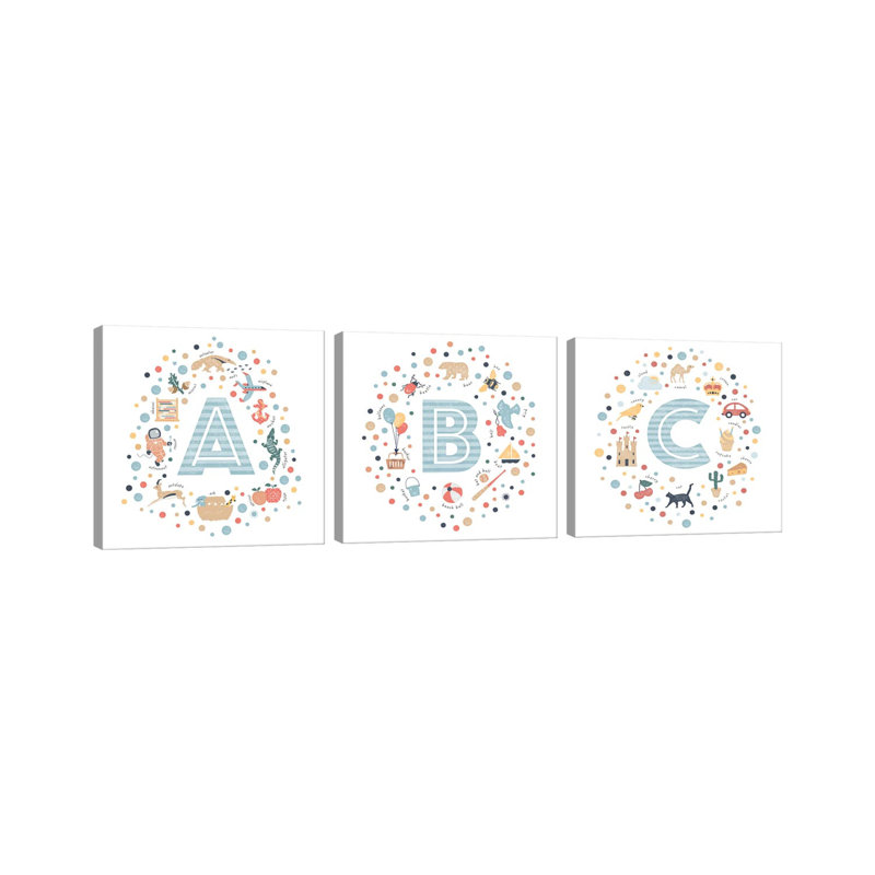 A-B-C bleu - ensemble d'art mural sur toile - toile tendue (ensemble de 3)