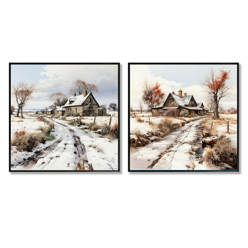 Hiver campagne campagne dévoilée - ensemble de 2 collages carrés de ferme, Cadre flottant noir, H 36 po x l 73 po