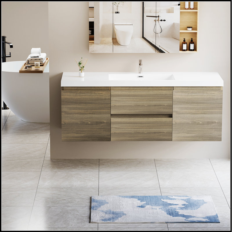 Meuble-lavabo mural moderne avec lavabo en résine, tiroirs à fermeture en douceur et finition gris cendré pour un rangement efficace et un attrait esthétique